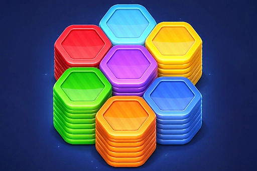 Vibrant 3D hexagonal tiles being sorted and stacked in a clean modern interface